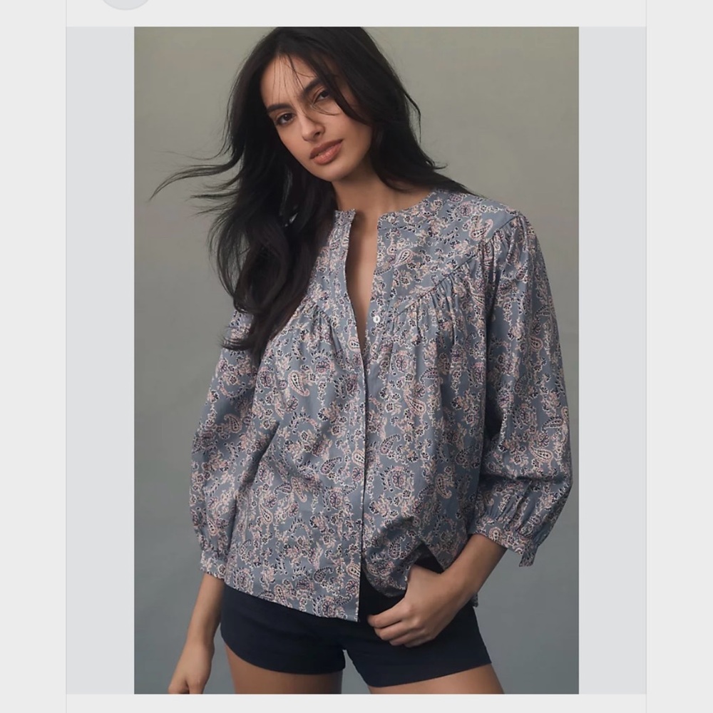bishop + young Anthropologie Paisley Blue Button-Up Shirt Blouse